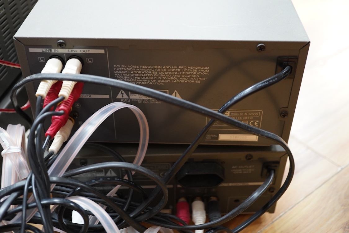 A TEAC four part Hi-Fi system with Celestrion F30 floor standing speakers, comprising a PD-H300C CD Player, a T-H300 AM/FM Tuner, an A-H300 integrated stereo amplifier, and a R-H300 stereo cassette deck, plus a remote co